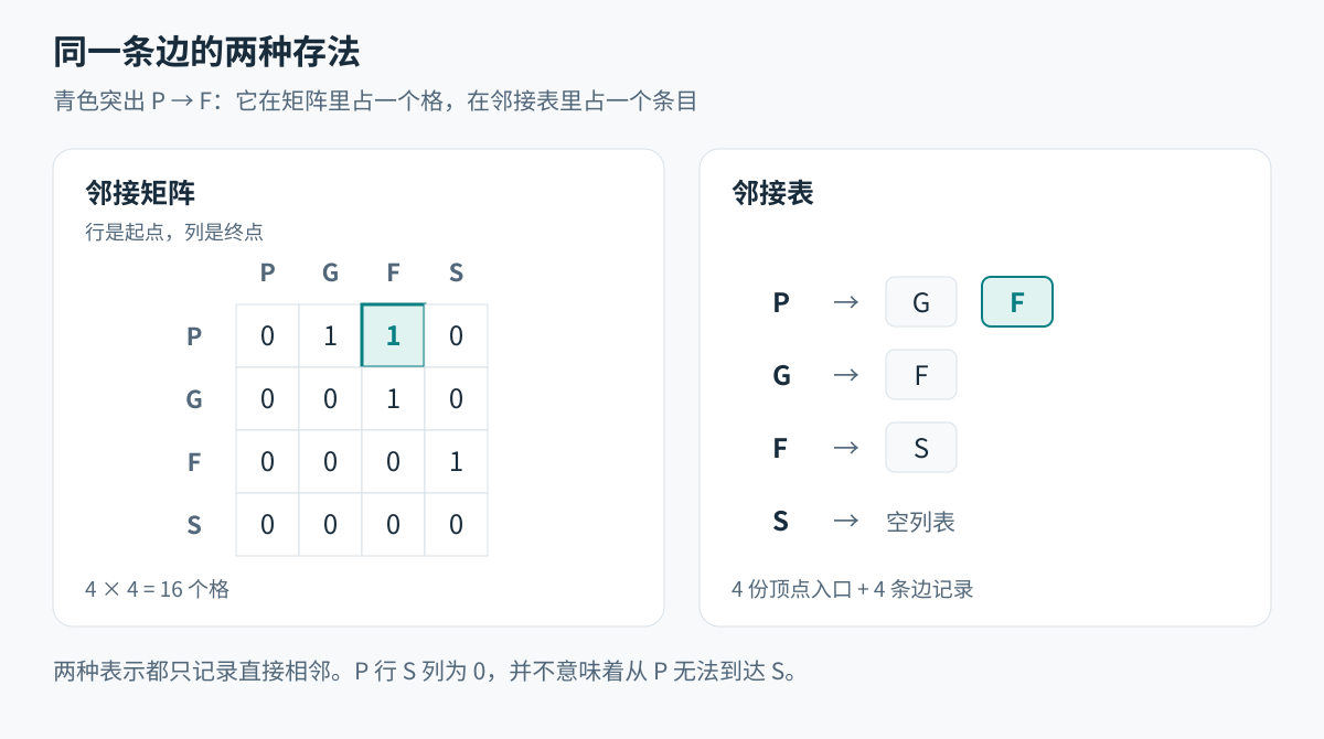 同一张图的邻接矩阵和邻接表，突出显示P直接指向F的两种记录方式